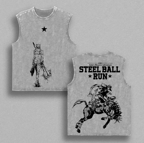 Steel Ball Run Jojo's Bizarre Adventure Anime Double Printed Vintage Washed Tee Unisex Oversize Anime Manga Washed Heavyweight Cotton T-shirt
