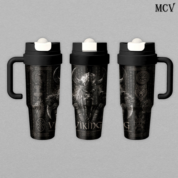 Viking Berserker Warrior - Norse Mythology - Odin Rune Raven Wolf Axe Embossed Raised Art - 17oz 24oz 30oz Insulated Tumbler, Stainless Steel Water Bottle, Straw Cup, Handle Travel Mug