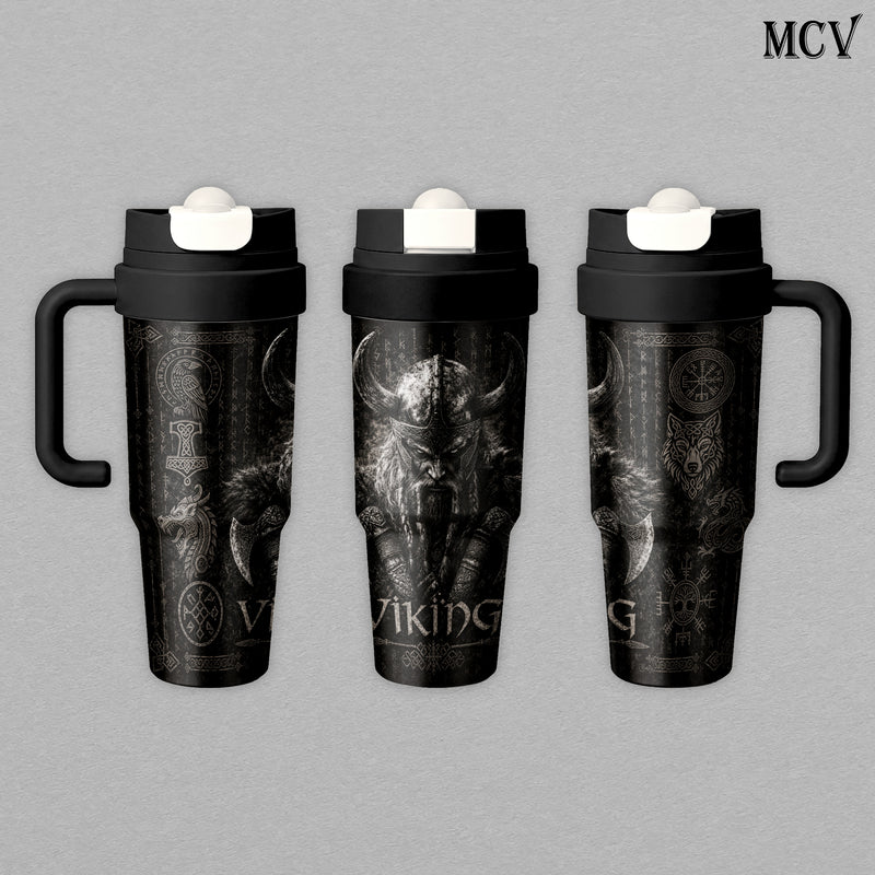 Viking Berserker Warrior - Norse Mythology - Odin Rune Raven Wolf Axe Embossed Raised Art - 17oz 24oz 30oz Insulated Tumbler, Stainless Steel Water Bottle, Straw Cup, Handle Travel Mug