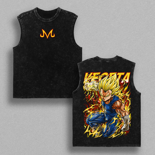 Majin Saiyan Prince Warrior Lightning Power Anime Vintage Washed Oversized Tee Manga Fighter Graphic Japanese Anime Streetwear