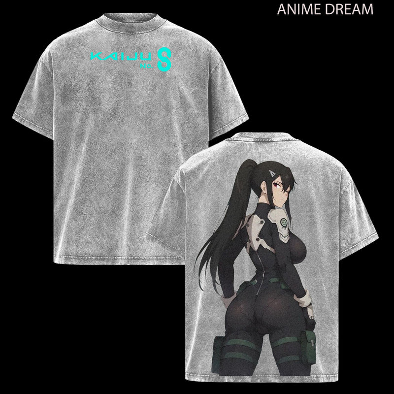 Mina Ashiro Kaiju No 8 Anime Double Printed Vintage Washed Tee Unisex Oversize Anime Manga Washed Heavyweight Cotton T-shirt