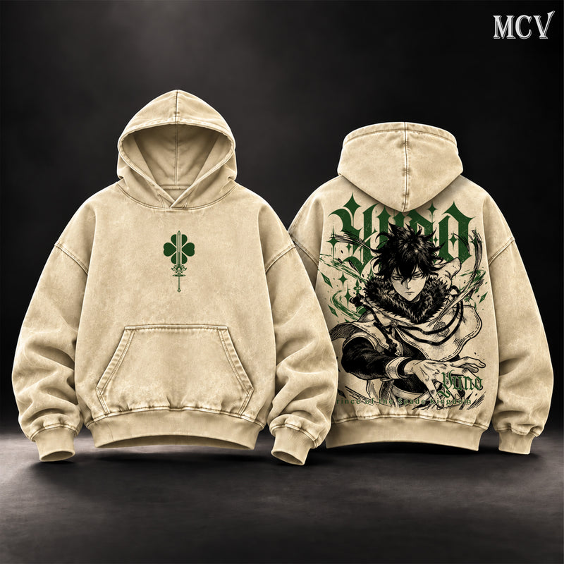 Yuno Black Clover Vintage Washed Oversized Hoodie, Double-Sided Anime Graphic Pullover, Prince of the Spade Kingdom Design, Retro Y2K Streetwear, Unisex Black Clover Fan Gift