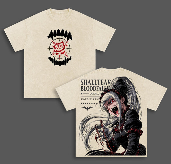 Shalltear Bloodfallen Overlord Anime Double Printed Vintage Washed Tee Unisex Oversize Heavyweight Cotton T-shirt for Anime Fans and Lovers