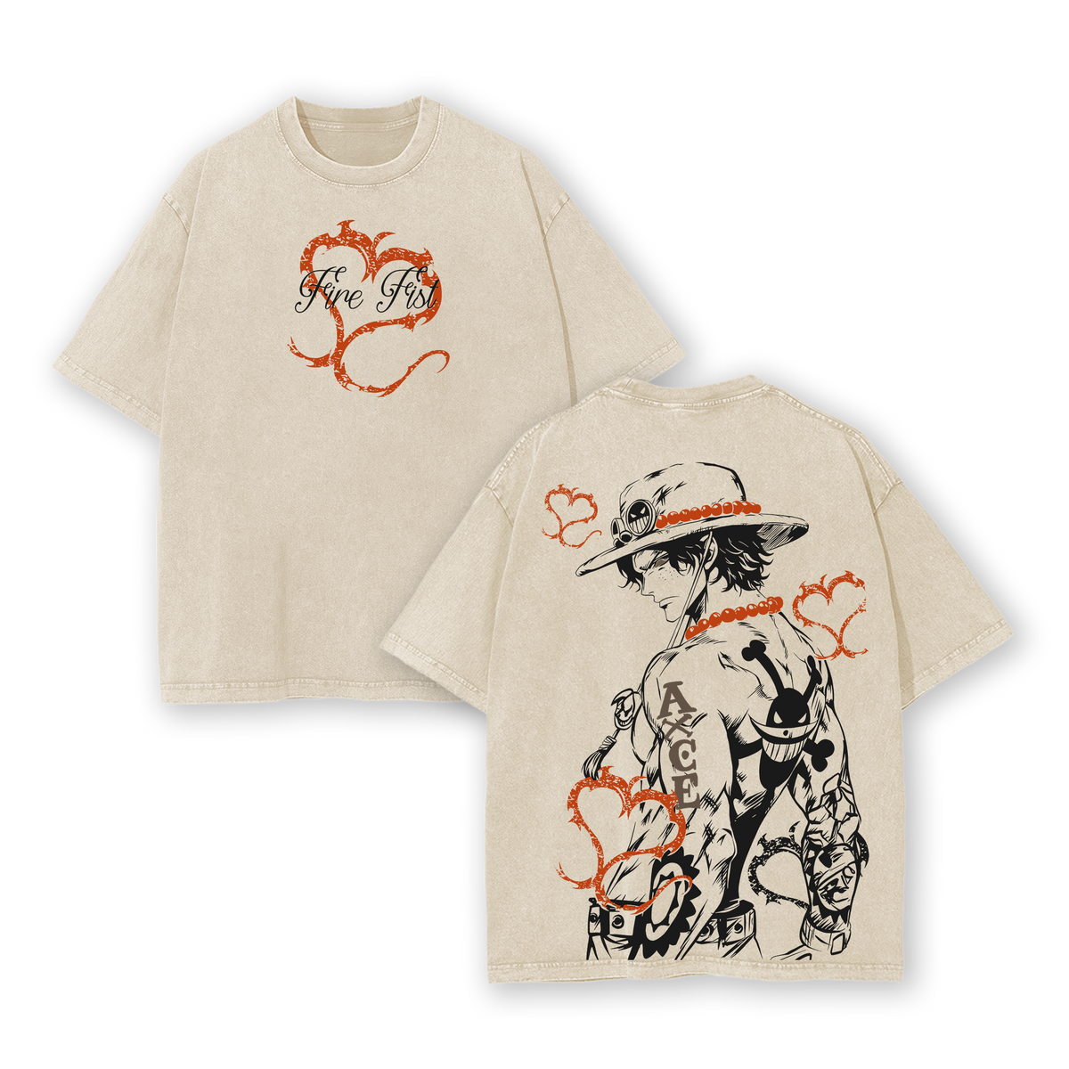 D. Ace Shirts - One Piece Anime Graphic Tee Oversized Acid Washed Soft Cotton Men T-Shirt