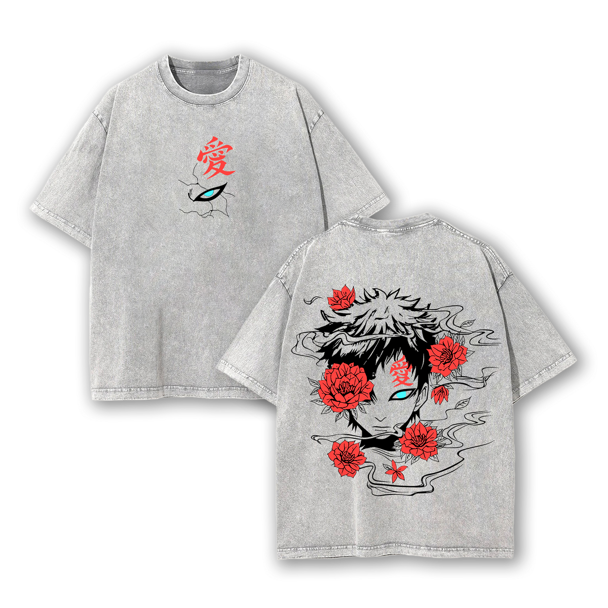 Gaara Red Flower Vintage Washed Tee – Naruto Unisex Oversize Anime Shirt