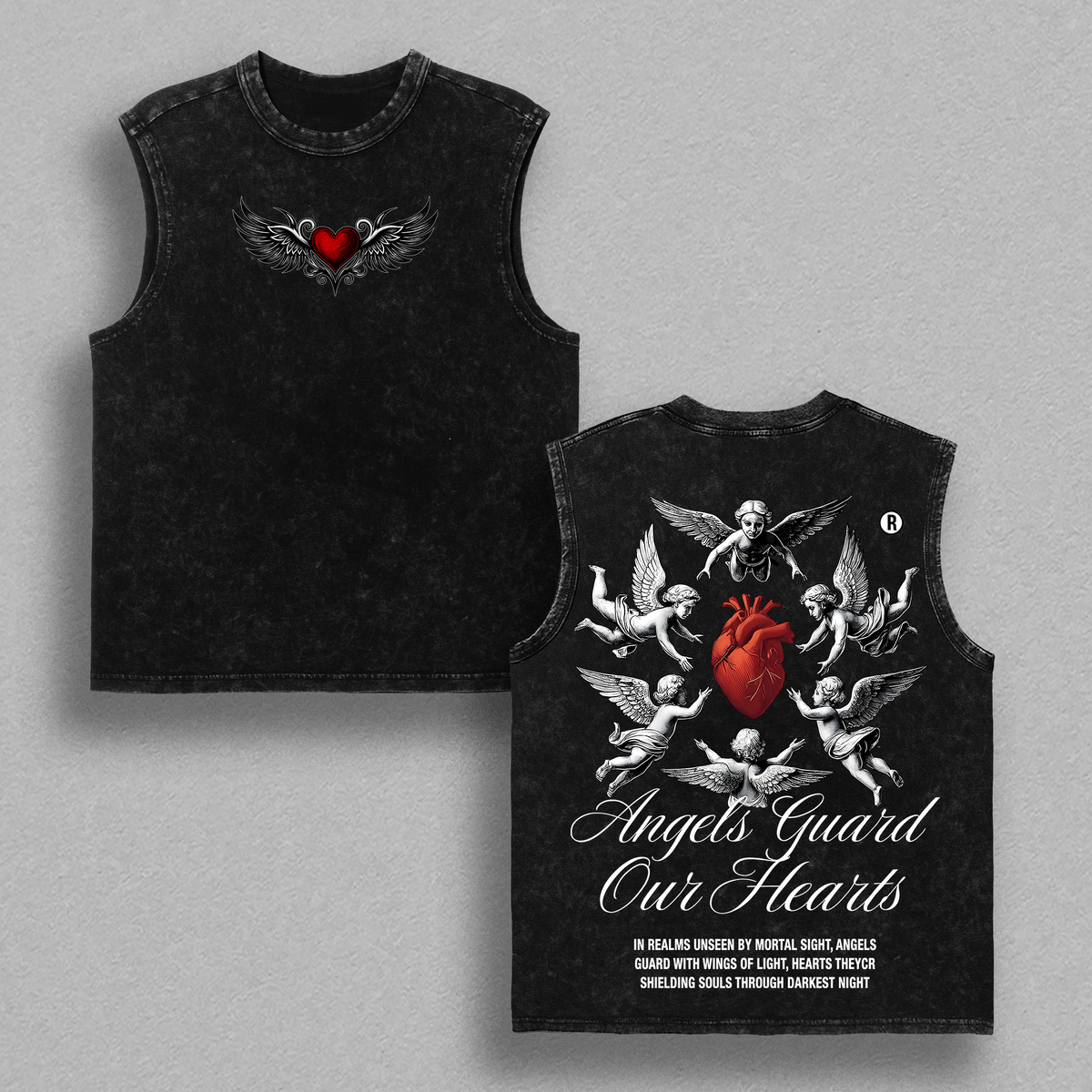 Angels Guard Our Hearts Tee | Vintage Washed Christian Oversized Shirt | Red Heart & Cphic | Faith Protection Streetwear | Divine Love Glory ThreadsJesus Apparel Christian Bible Verseherub Angel Gra