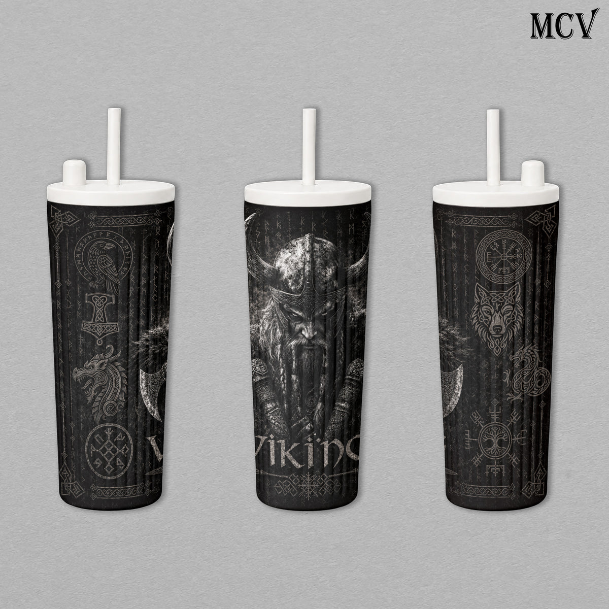 Viking Berserker Warrior - Norse Mythology - Odin Rune Raven Wolf Axe Embossed Raised Art - 17oz 24oz 30oz Insulated Tumbler, Stainless Steel Water Bottle, Straw Cup, Handle Travel Mug