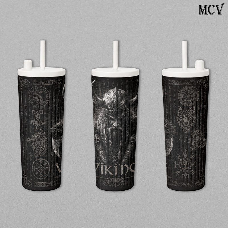 Viking Berserker Warrior - Norse Mythology - Odin Rune Raven Wolf Axe Embossed Raised Art - 17oz 24oz 30oz Insulated Tumbler, Stainless Steel Water Bottle, Straw Cup, Handle Travel Mug
