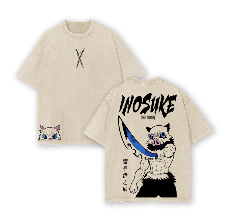 Retro Vintage Inosuke Hashibira V2 - Demon Slayer Anime Double Printed Vintage Washed Tee