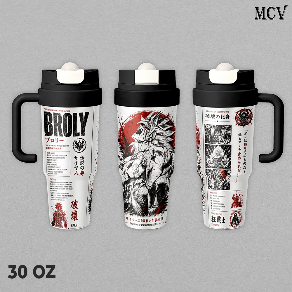 Broly DBZ Tumbler 17oz 24oz 30oz, Premium Insulated Stainless Steel Travel Mug with Lid and Handle, Broly SuperSaiyan Anime Graphic Design, Reusable Coffee Water Cup, Gift for DBZ Fans
