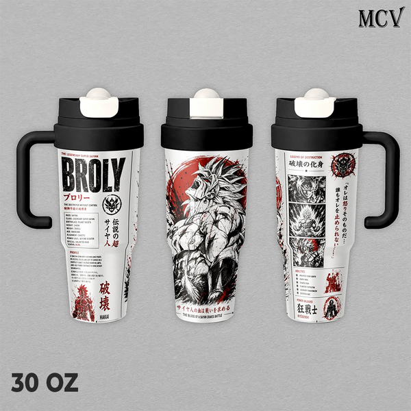 Broly DBZ Tumbler 17oz 24oz 30oz, Premium Insulated Stainless Steel Travel Mug with Lid and Handle, Broly SuperSaiyan Anime Graphic Design, Reusable Coffee Water Cup, Gift for DBZ Fans