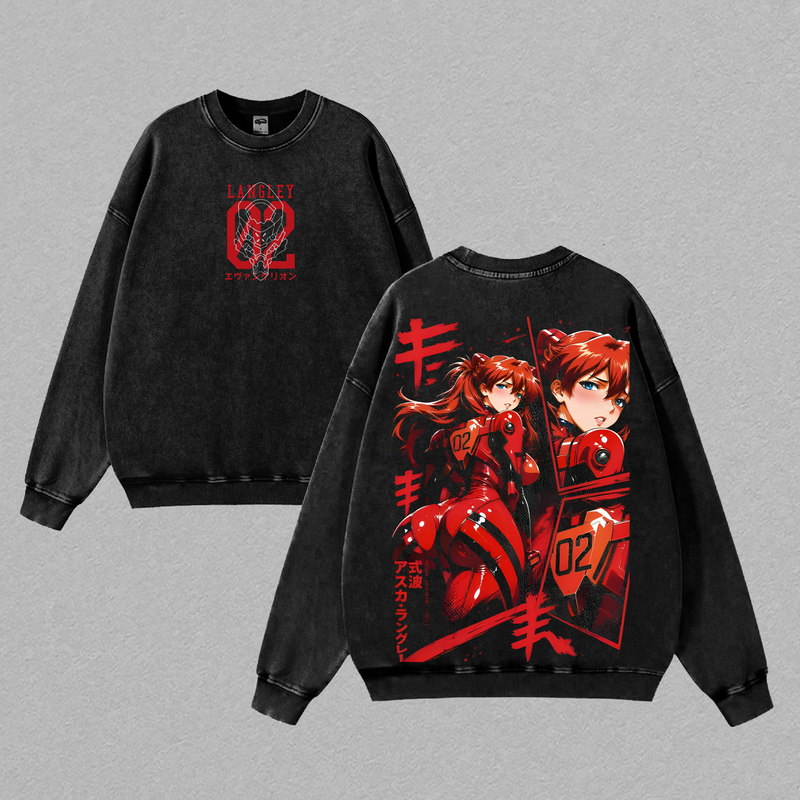 Asuka Langley Neon Genesis Evangelion T-Shirt, EVA Unit-02 Anime Graphic Tee, Vintage Washed Oversized Heavyweight Cotton Streetwear Shirt, Unisex Anime Gift for Evangelion Fans