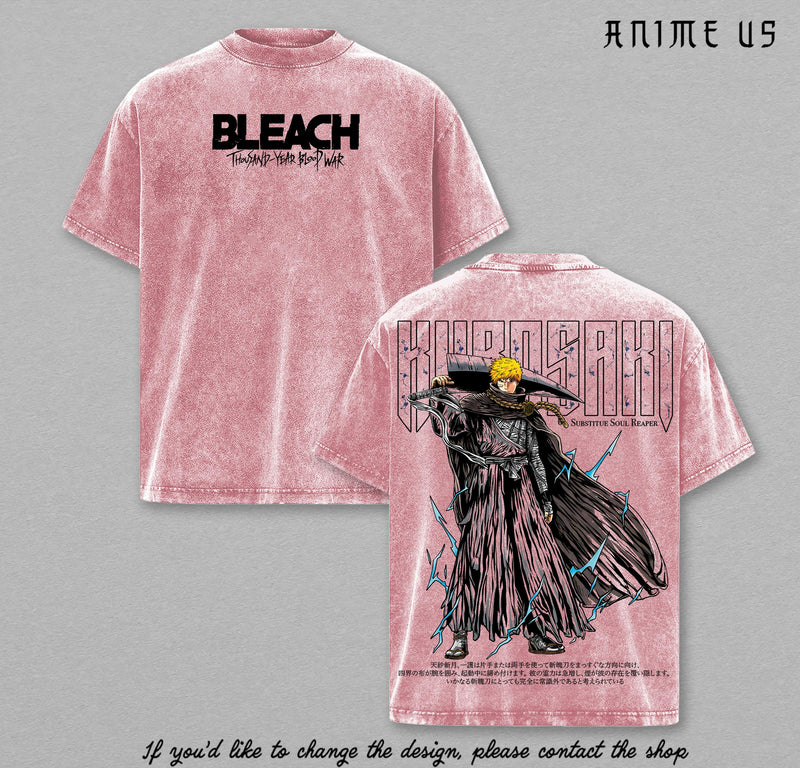Ichigo Kurosaki Bleach Thousand Year Blood War Anime Vintage Washed Oversized Graphic Tee Soul Reaper Streetwear Shirt