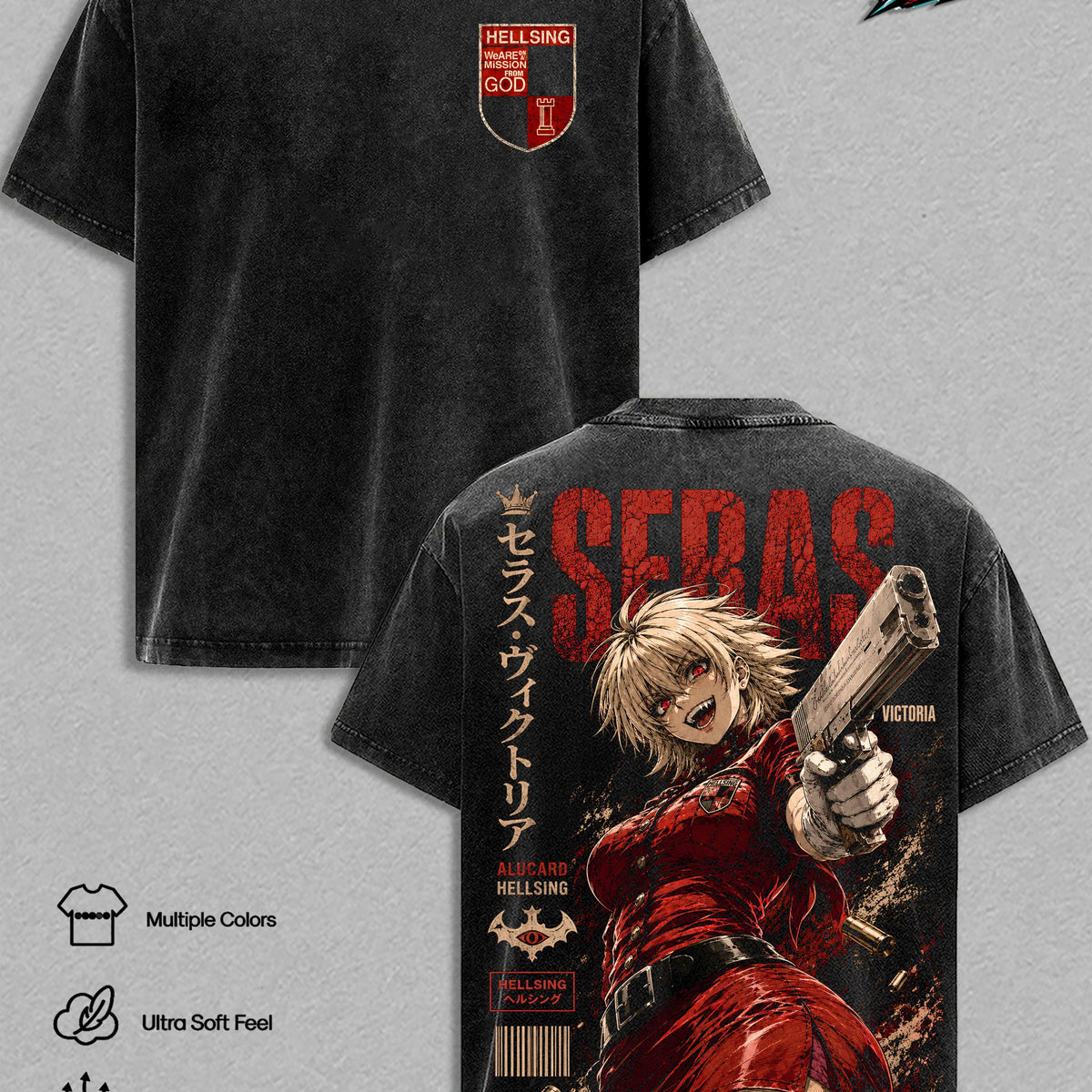 Seras Victoria Vintage Washed T-Shirt - Hellsing Anime Graphic Tee Oversized Heavyweight Cotton Streetwear Top Tshirt Gift for Hellsing Fans Men & Women