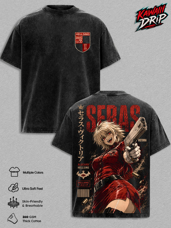 Seras Victoria Vintage Washed T-Shirt - Hellsing Anime Graphic Tee Oversized Heavyweight Cotton Streetwear Top Tshirt Gift for Hellsing Fans Men & Women