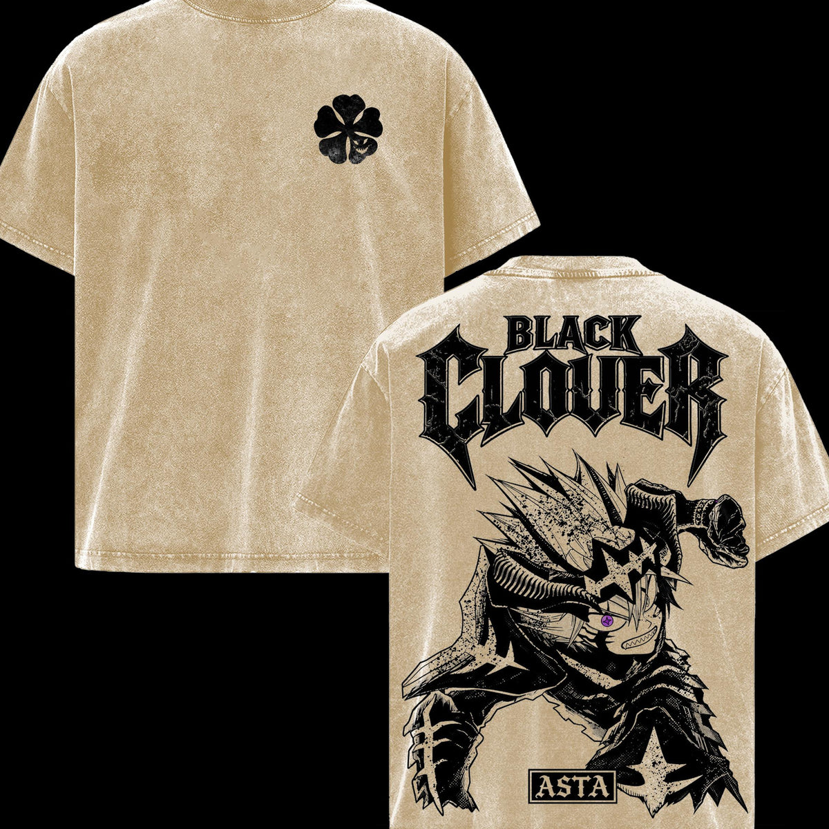 Asta Black Clover Oversized Vintage Washed Menswear T-Shirt, Anime Graphic Tee, Devil Union Double Sided Print, Soft Cotton Crewneck Classic Streetwear Apparel, Gift for Anime Fans