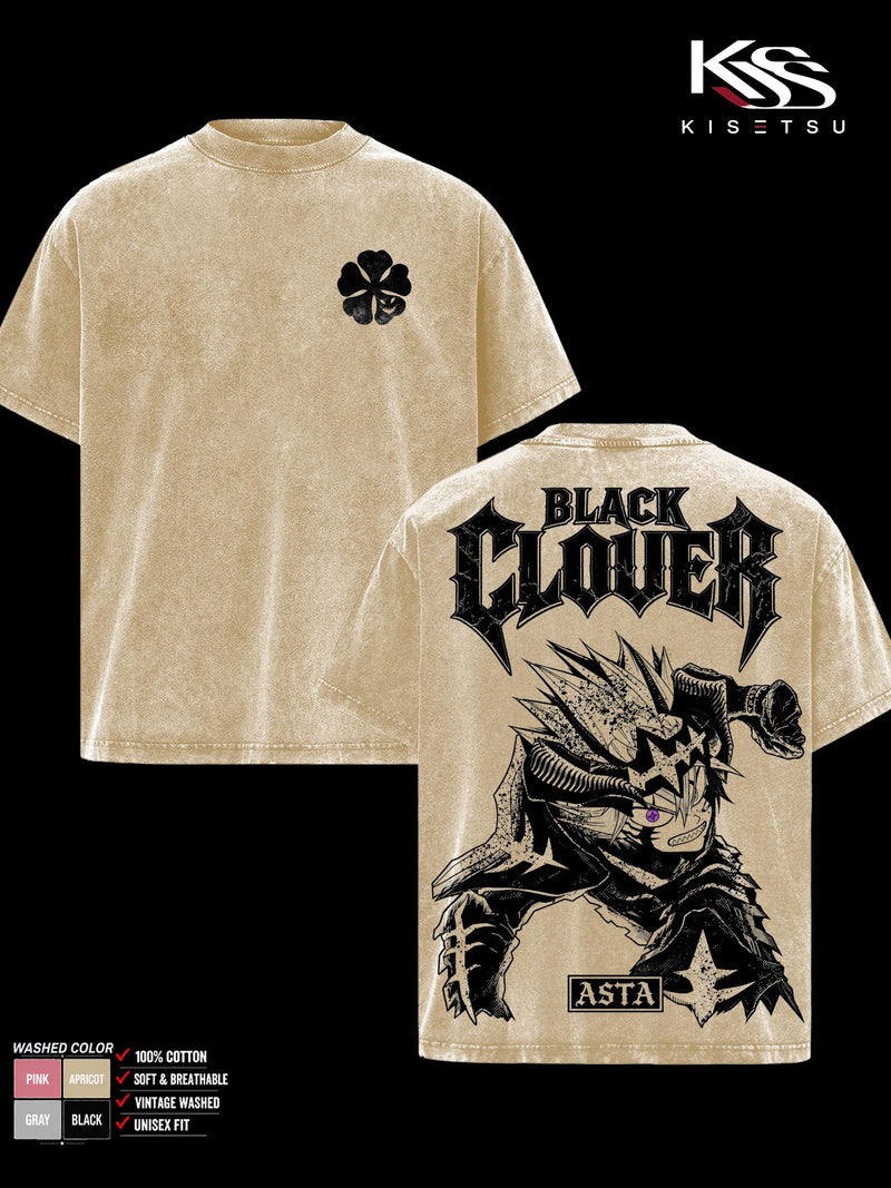 Asta Black Clover Oversized Vintage Washed Menswear T-Shirt, Anime Graphic Tee, Devil Union Double Sided Print, Soft Cotton Crewneck Classic Streetwear Apparel, Gift for Anime Fans