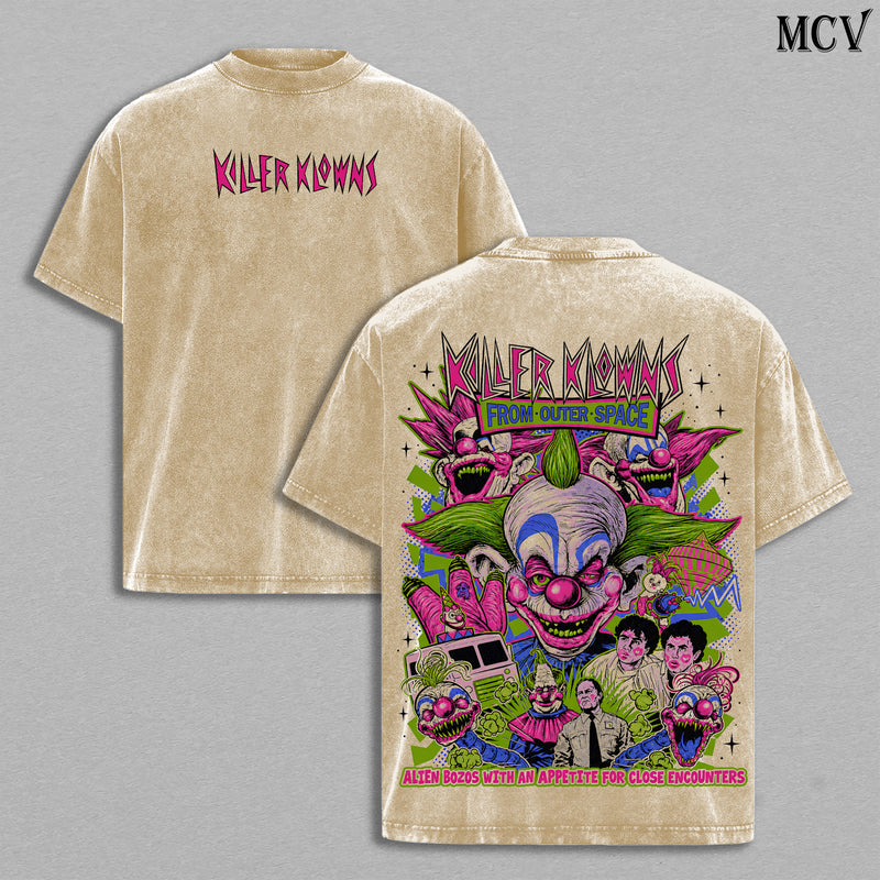 Killer Klowns from Outer Space Vintage Washed T-Shirt, Retro Horror Movie Graphic Tee, Faded Black Streetwear