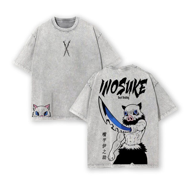 Retro Vintage Inosuke Hashibira V2 - Demon Slayer Anime Double Printed Vintage Washed Tee