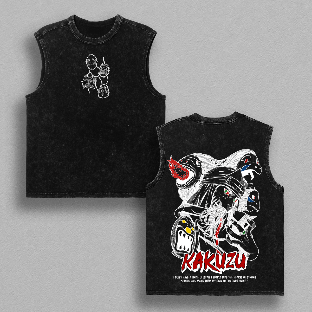 Kakuzu Tee Washed – Naruto Anime Vintage Washed Heavy Cotton Oversized Manga T-Shirt & Hoodie, Double Printed Retro Unisex Streetwear Graphic Top, Akatsuki Dark Ninja Multi-Heart Fighter Edition