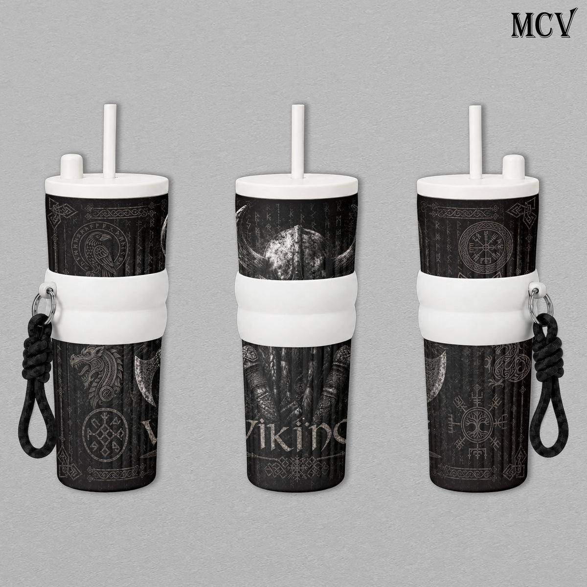 Viking Berserker Warrior - Norse Mythology - Odin Rune Raven Wolf Axe Embossed Raised Art - 17oz 24oz 30oz Insulated Tumbler, Stainless Steel Water Bottle, Straw Cup, Handle Travel Mug