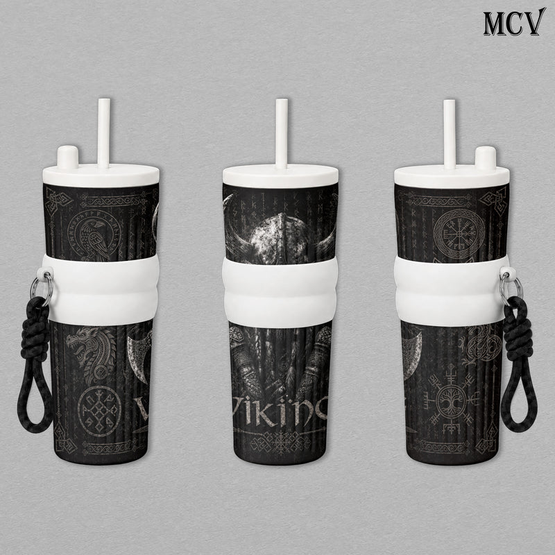 Viking Berserker Warrior - Norse Mythology - Odin Rune Raven Wolf Axe Embossed Raised Art - 17oz 24oz 30oz Insulated Tumbler, Stainless Steel Water Bottle, Straw Cup, Handle Travel Mug