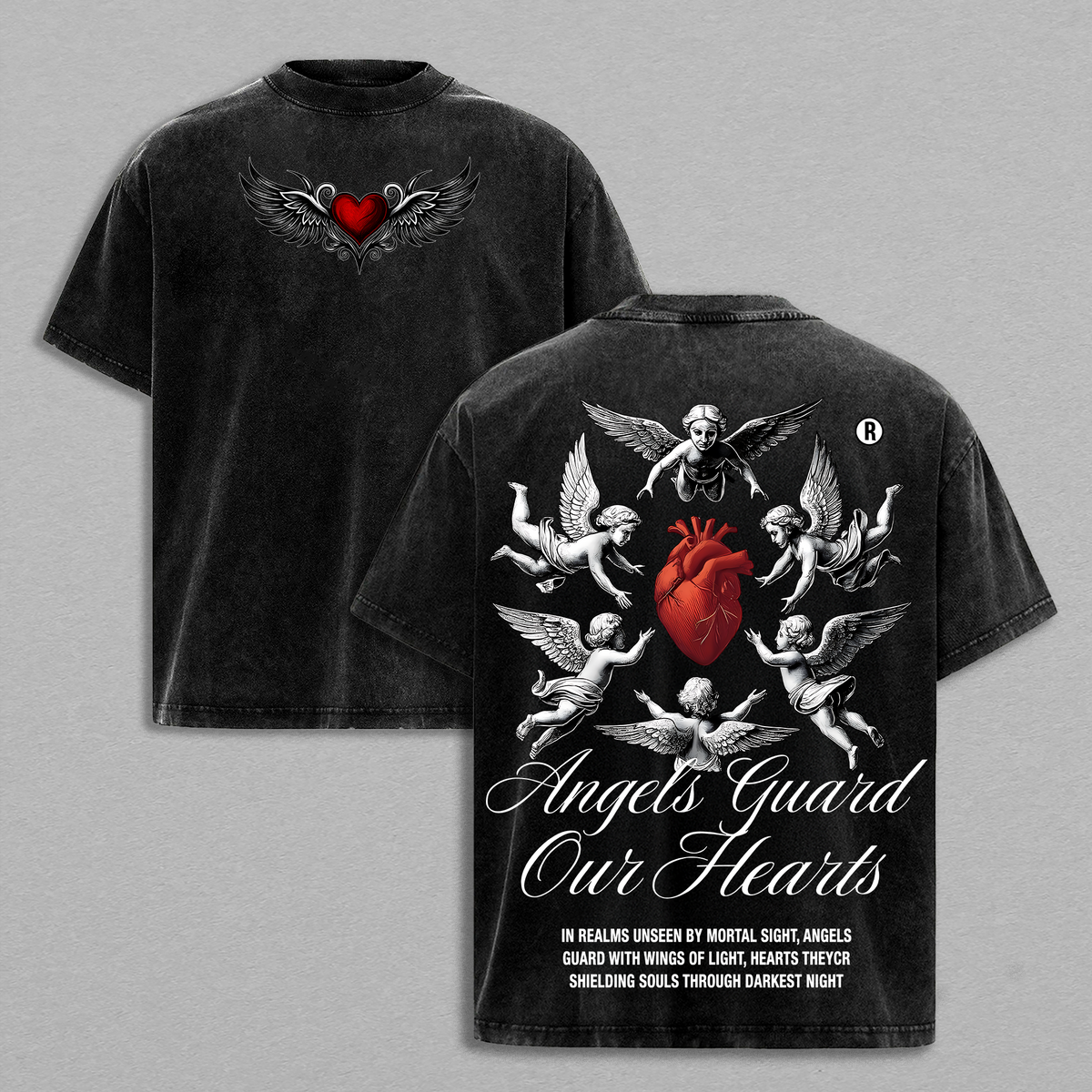 Angels Guard Our Hearts Tee | Vintage Washed Christian Oversized Shirt | Red Heart & Cphic | Faith Protection Streetwear | Divine Love Glory ThreadsJesus Apparel Christian Bible Verseherub Angel Gra