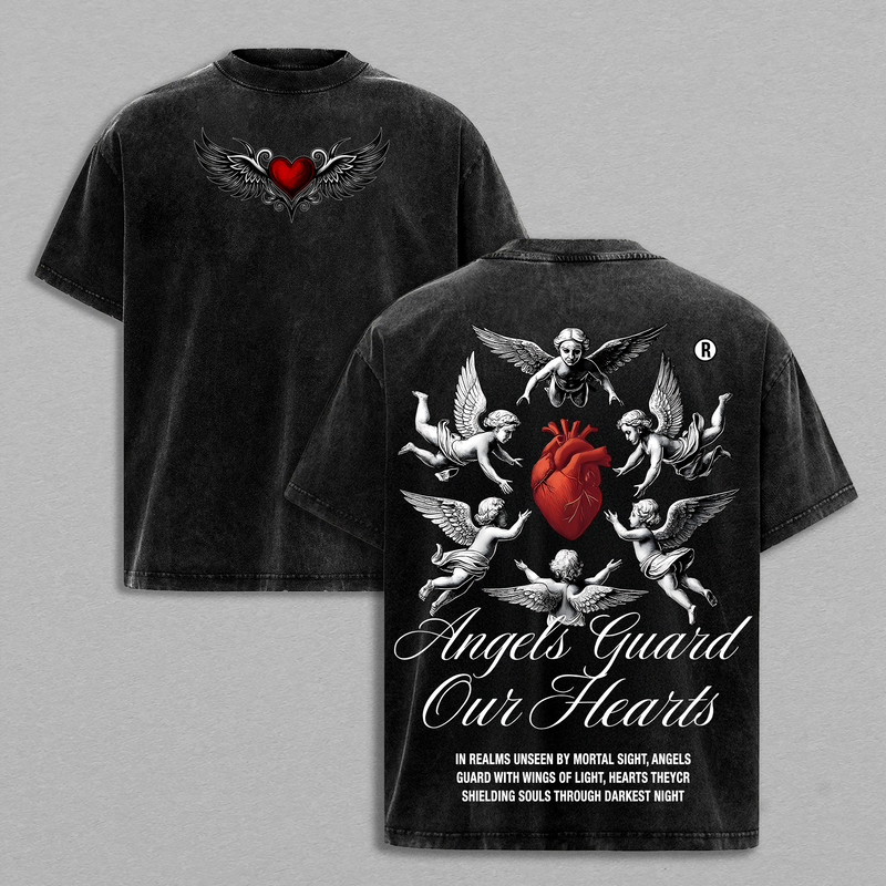 Angels Guard Our Hearts Tee | Vintage Washed Christian Oversized Shirt | Red Heart & Cphic | Faith Protection Streetwear | Divine Love Glory ThreadsJesus Apparel Christian Bible Verseherub Angel Gra