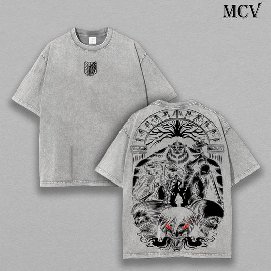Beast Titan Apocalypse – Attack on Titan Vintage Washed Heavyweight Cotton Anime Graphic T-Shirt Dark Streetwear