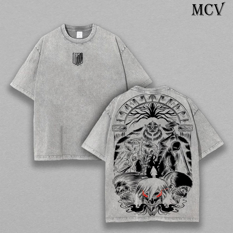Beast Titan Apocalypse – Attack on Titan Vintage Washed Heavyweight Cotton Anime Graphic T-Shirt Dark Streetwear