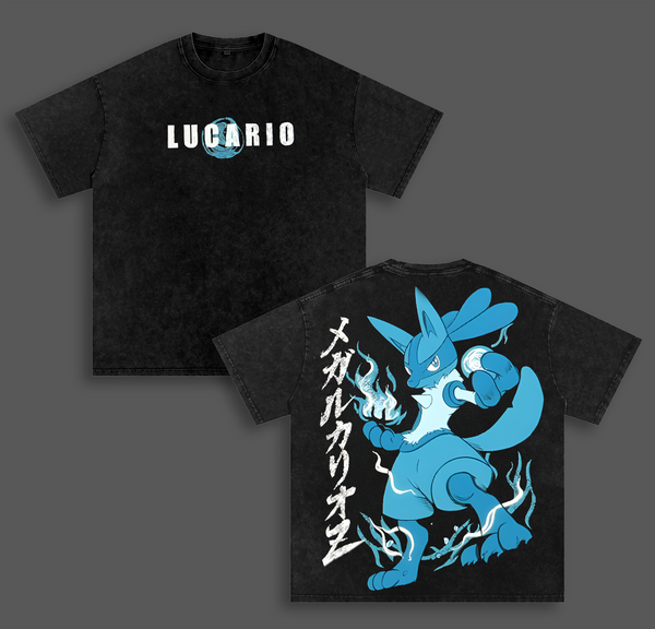 Lucario Tee - PoKeMon Anime Double Printed Vintage Washed Tee Unisex Oversize Anime Manga Washed Heavyweight Cotton T-shirt, Gift For Anime Fan, Anime Lover