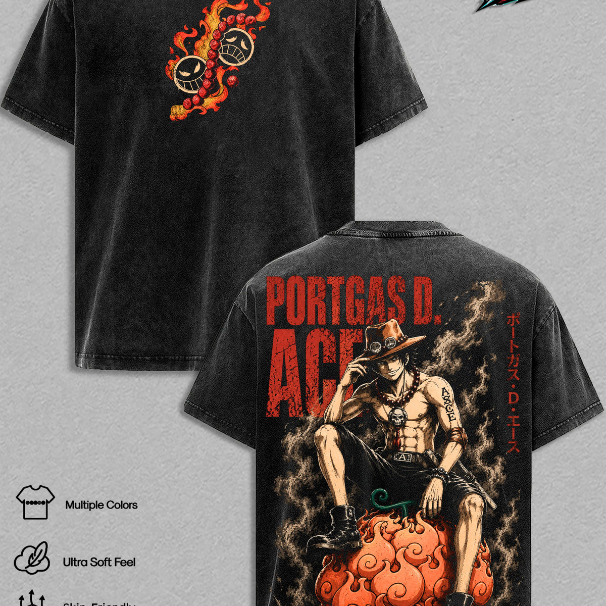 One Pieceee Vintage Washed Anime T-Shirt Collection – Portgas D. Ace Graphic Tee, Devil Fruit Pirate Streetwear Heavy Cotton Unisex Manga Shirt, Anime Gift for Men & Women