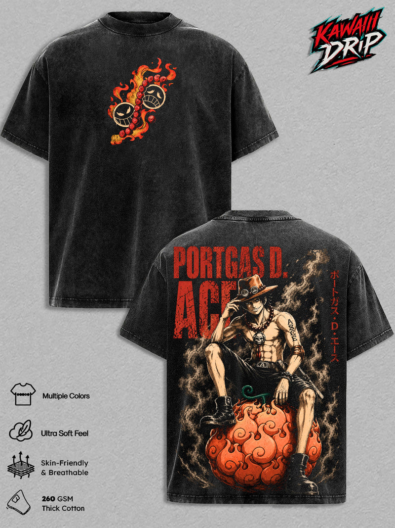 One Pieceee Vintage Washed Anime T-Shirt Collection – Portgas D. Ace Graphic Tee, Devil Fruit Pirate Streetwear Heavy Cotton Unisex Manga Shirt, Anime Gift for Men & Women