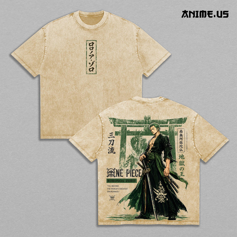 Roronoa Zoro Three-Sword Style OnePiece Anime Graphic Tee King of Hell Swordsman Vintage Washed Oversized T-Shirt Manga Art Heavyweight Cotton Streetwear Back Print Shirt