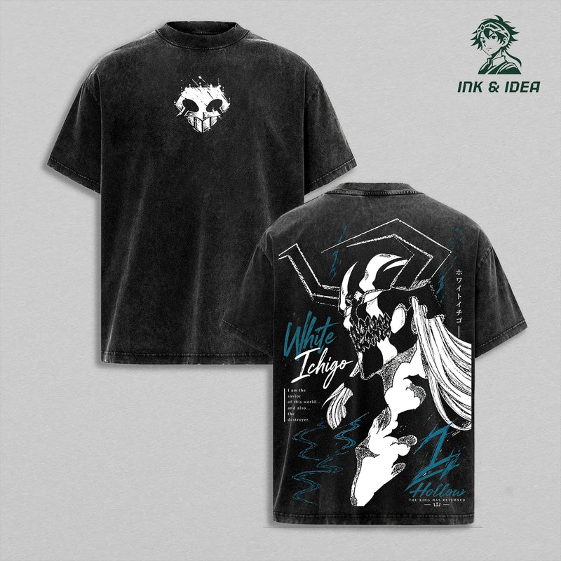 White Ichigo Hollow Vintage Washed T-Shirt, Bleach Graphic Tee, Oversized Heavy Cotton Anime Shirt, Gothic Manga Streetwear, Cross Hatch Back Print Apparel Classic