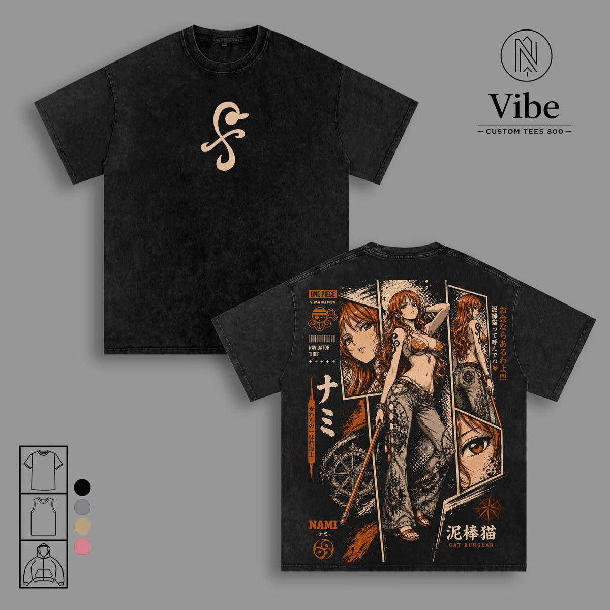 Nami 1 Piece Anime Double-Printed Vintage Washed Streetwear Tee, Tank Top, Sweatshirt, Hoodie - Unisex Oversize Seamless Ribbed Short-Sleeve Heavyweight Cotton Apparel, Gift for Anime Manga Fans