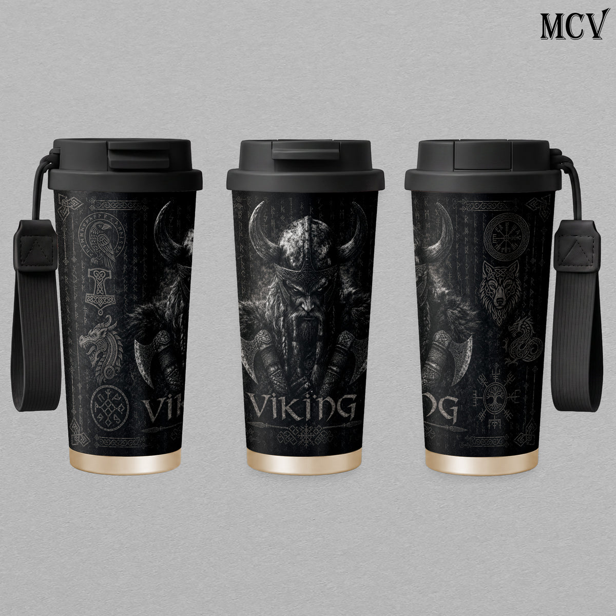 Viking Berserker Warrior - Norse Mythology - Odin Rune Raven Wolf Axe Embossed Raised Art - 17oz 24oz 30oz Insulated Tumbler, Stainless Steel Water Bottle, Straw Cup, Handle Travel Mug