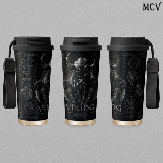 Viking Berserker Warrior - Norse Mythology - Odin Rune Raven Wolf Axe Embossed Raised Art - 17oz 24oz 30oz Insulated Tumbler, Stainless Steel Water Bottle, Straw Cup, Handle Travel Mug