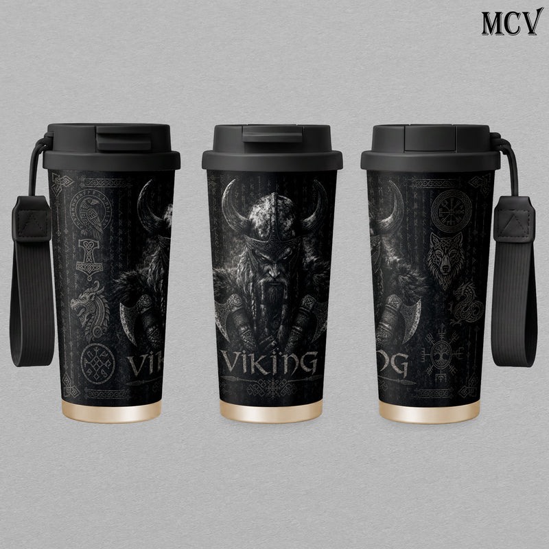 Viking Berserker Warrior - Norse Mythology - Odin Rune Raven Wolf Axe Embossed Raised Art - 17oz 24oz 30oz Insulated Tumbler, Stainless Steel Water Bottle, Straw Cup, Handle Travel Mug