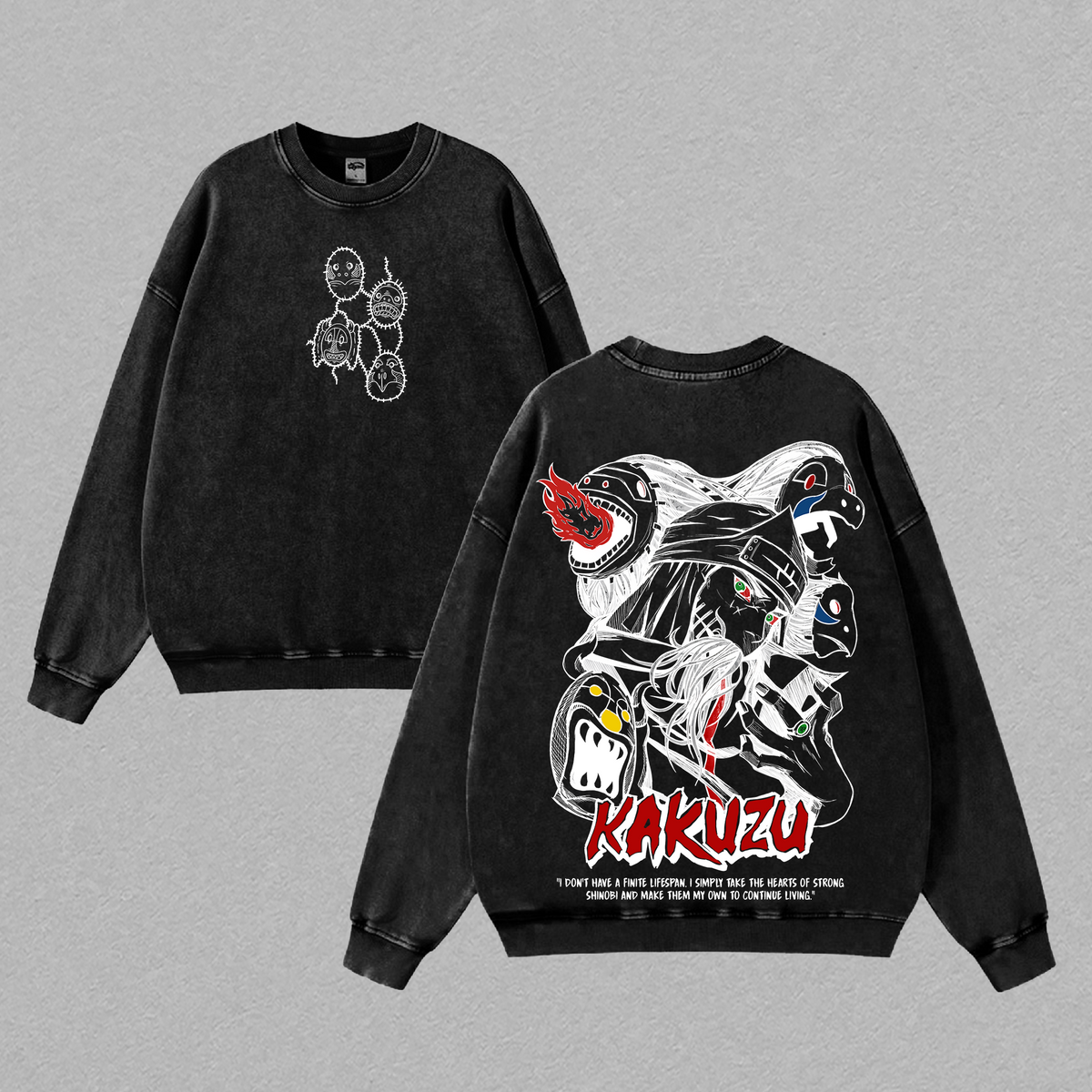 Kakuzu Tee Washed – Naruto Anime Vintage Washed Heavy Cotton Oversized Manga T-Shirt & Hoodie, Double Printed Retro Unisex Streetwear Graphic Top, Akatsuki Dark Ninja Multi-Heart Fighter Edition
