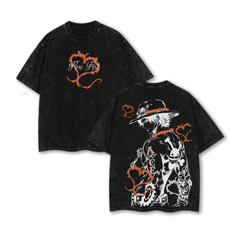 D. Ace Shirts - One Piece Anime Graphic Tee Oversized Acid Washed Soft Cotton Men T-Shirt