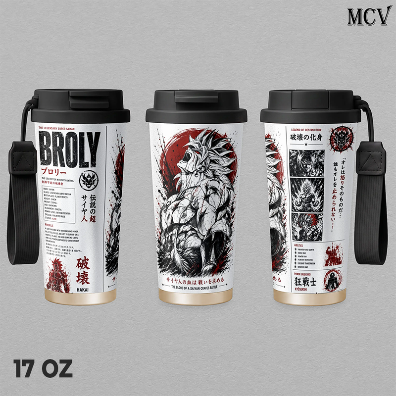 Broly DBZ Tumbler 17oz 24oz 30oz, Premium Insulated Stainless Steel Travel Mug with Lid and Handle, Broly SuperSaiyan Anime Graphic Design, Reusable Coffee Water Cup, Gift for DBZ Fans