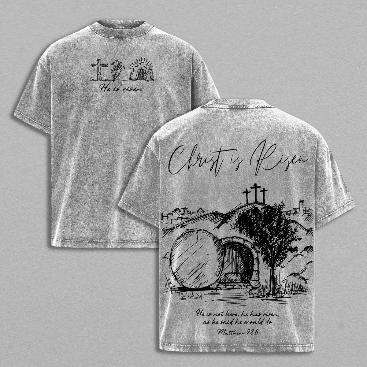 Christ Is Risen Matthew 28:6 Vintage Washed Oversized Christian T-Shirt, Heavy Cotton Faith Cross Resurrection Graphic Tee, Easter Jesus Tomb Scripture Streetwear Shirt, Unisex Religious Gift for Believers