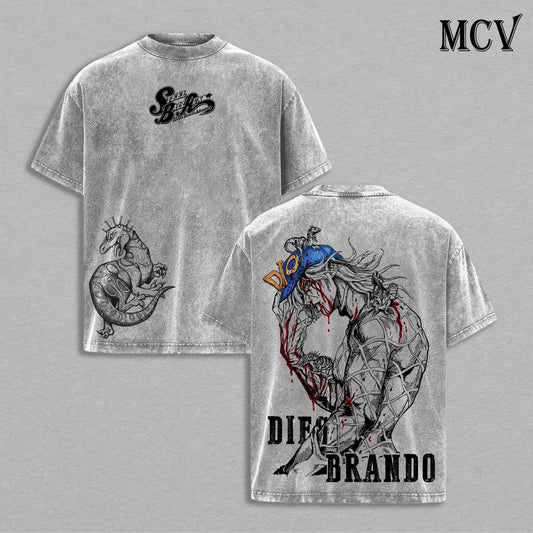 Diego Brando Steel Ball Run Anime Vintage Washed T-Shirt, Dinosaur Rider Graphic Tee, Manga Streetwear Heavy Cotton