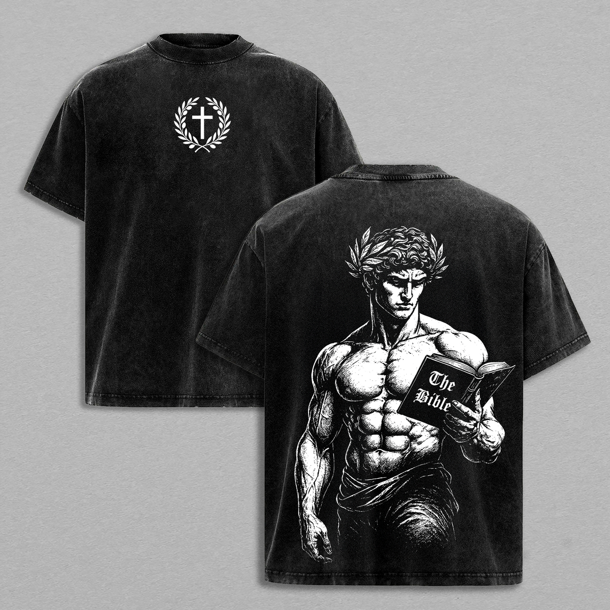David With Bible Christian T-Shirt | Vintage Washed Oversized Faith Tee | Strength Through Scripture | Religious Streetwear | Cross Laurel Victory Design Jesus Apparel Christian Bible Verse