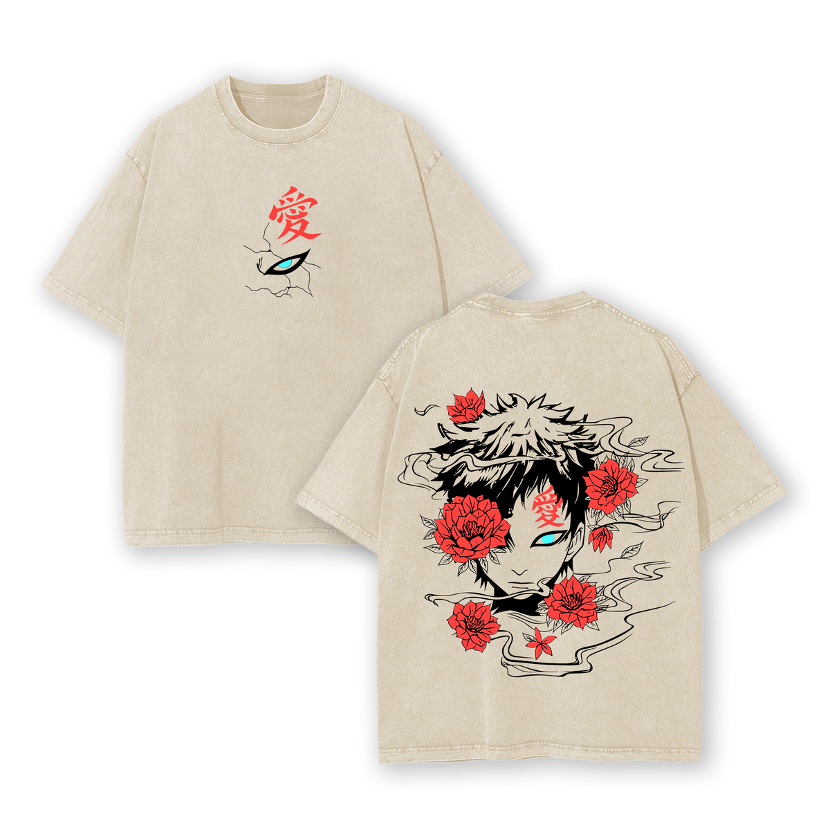 Gaara Red Flower Vintage Washed Tee – Naruto Unisex Oversize Anime Shirt