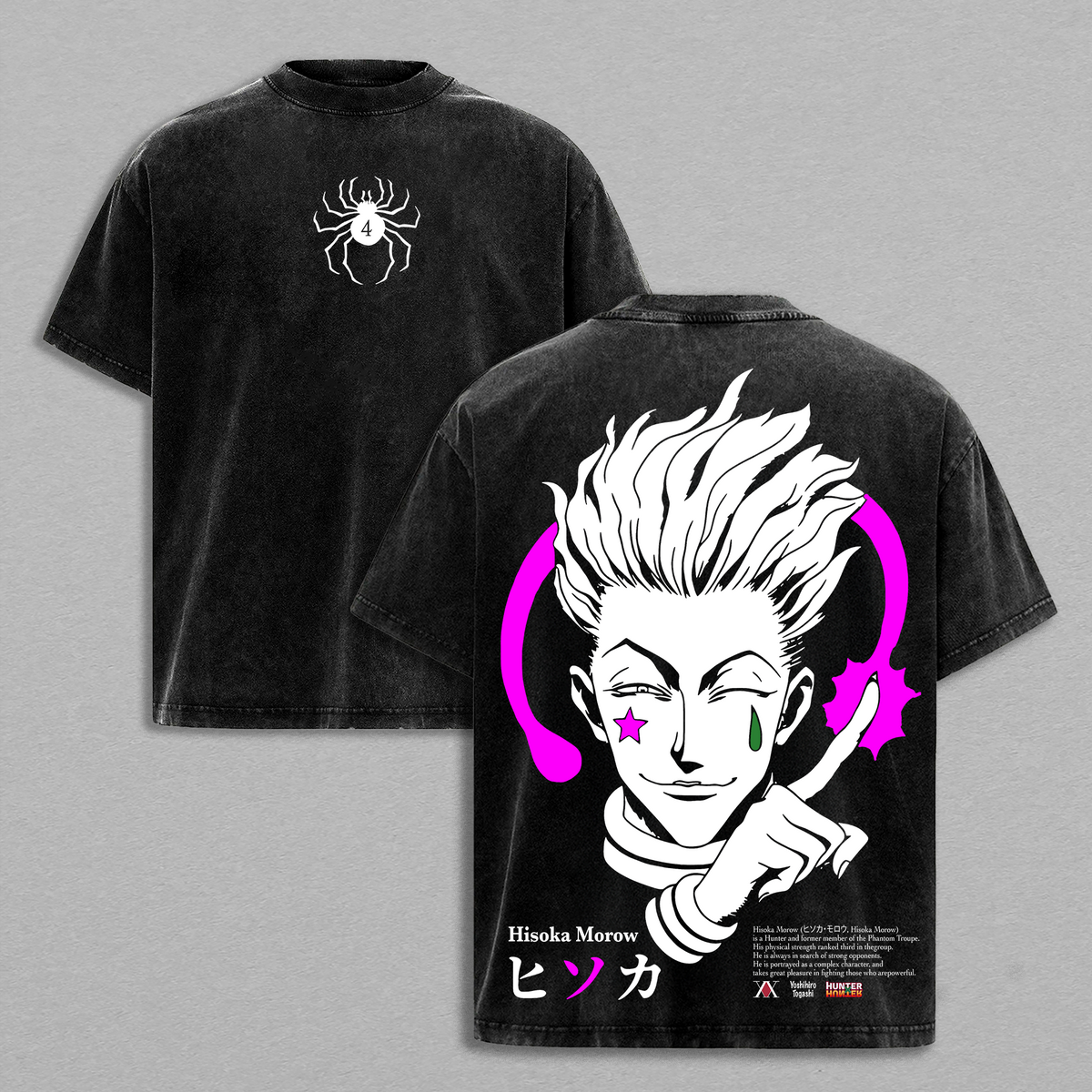 Hisoka Hunter x Hunter Vintage Tee Double Printed Washed Shirt Oversize Anime Manga Style Heavy Cotton Menswear Top Unisex T-Shirt