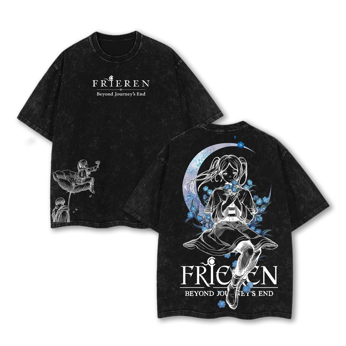 Frieren Beyond Journey’s End Tee & Hoodie Washed, Vintage Washed Heavy Cotton Oversized Anime Manga Hoodie T-Shirt Set, Retro Unisex Streetwear Graphic Top, Fantasy Healing Journey Edition, Japanese Anime Merch