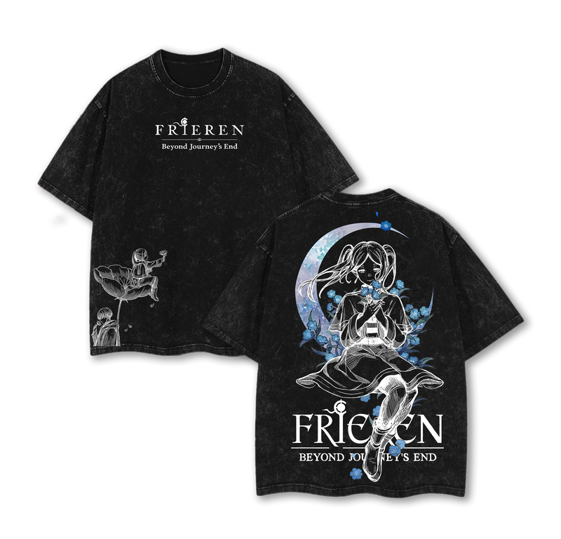 Frieren Beyond Journey’s End Tee & Hoodie Washed, Vintage Washed Heavy Cotton Oversized Anime Manga Hoodie T-Shirt Set, Retro Unisex Streetwear Graphic Top, Fantasy Healing Journey Edition, Japanese Anime Merch