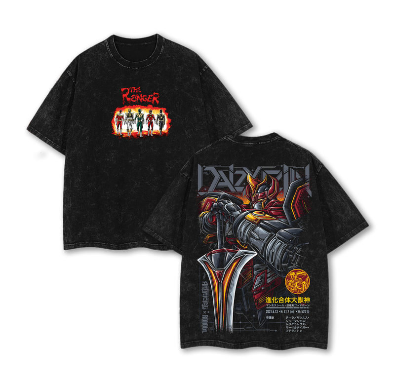 Megazord Mighty Morphin Power Rangers Anime Double Printed Vintage Washed Tee